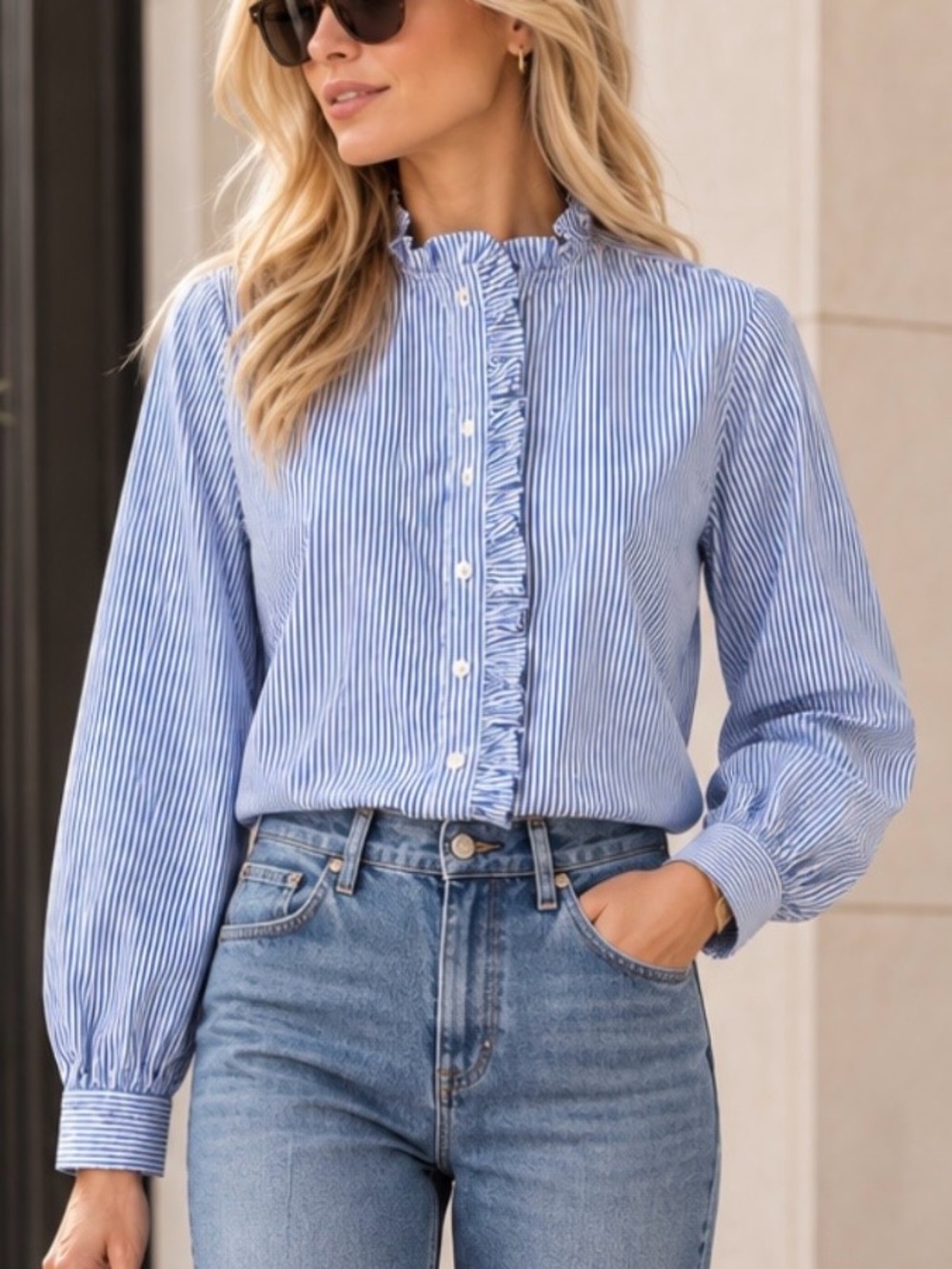 J. Crew Blue and White Striped Ruffle-Front Button Down